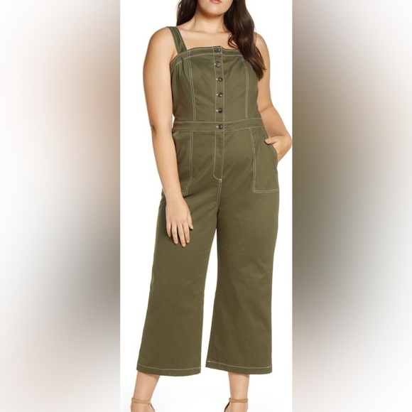 Chelsea28 Army Green Stitch Detail Canvas Sleeveless Button Up Jumpsuit Large - Picture 1 of 12